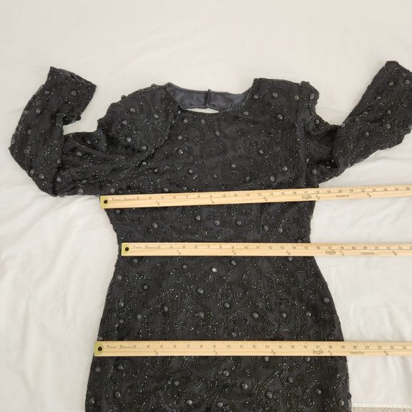 Vintage JOAN LESLIE Hollywood-Fairy-Tale Beaded Black Silk Sheath Dress Size 10. - Picture 15 of 16